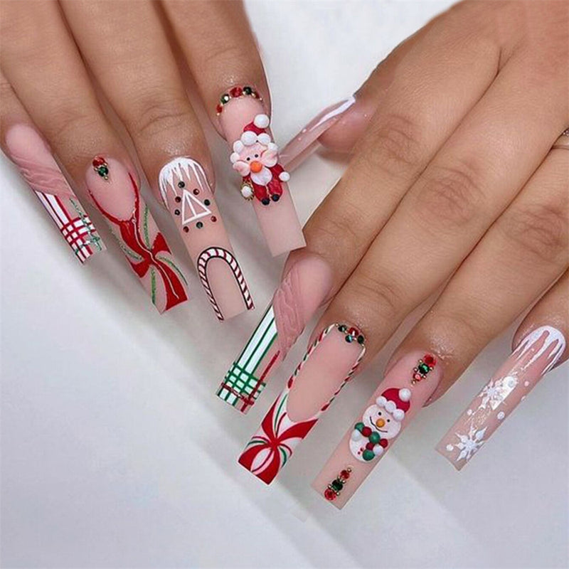 Fofosbeauty 6 Packs(144pcs) Christmas Nails, Press on Nails, Full Cover Acrylic Nails for Girls Women, Coffin Red Green Fashion Snowflakes Snowman, 26