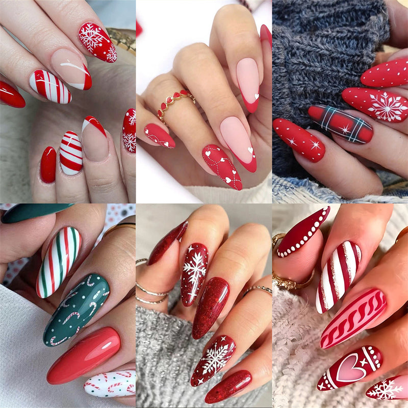 Fofosbeauty 6 Packs(144pcs) Christmas Nails, Press on Nails, Full Cover Acrylic Nails for Girls Women, Almond Red Green French Snowflakes Candy , 27