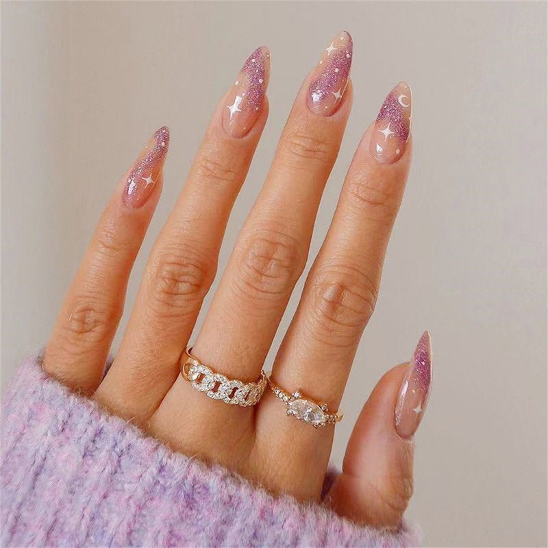 6 Packs(144pcs) fake Nails, Almond Simple Heart Star, 36