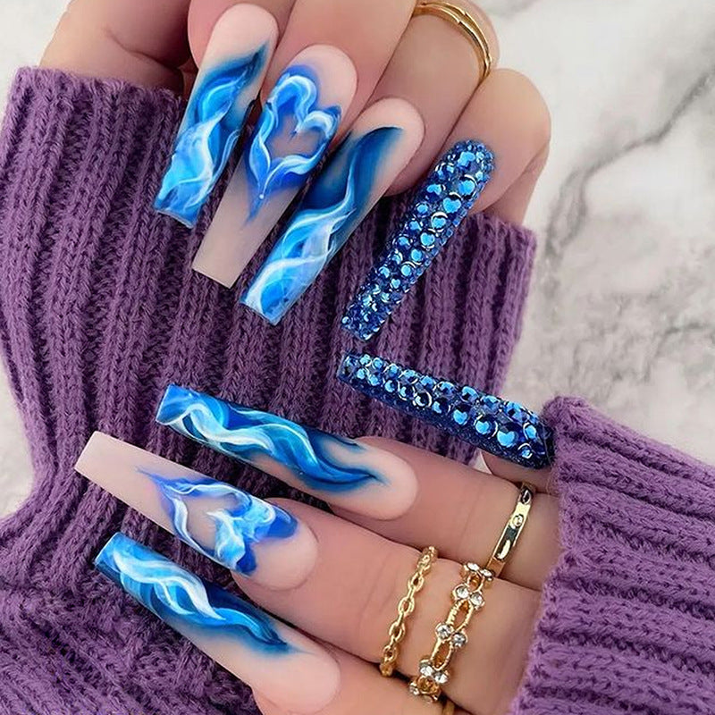 Long Coffin Blue with Diamonds Nails