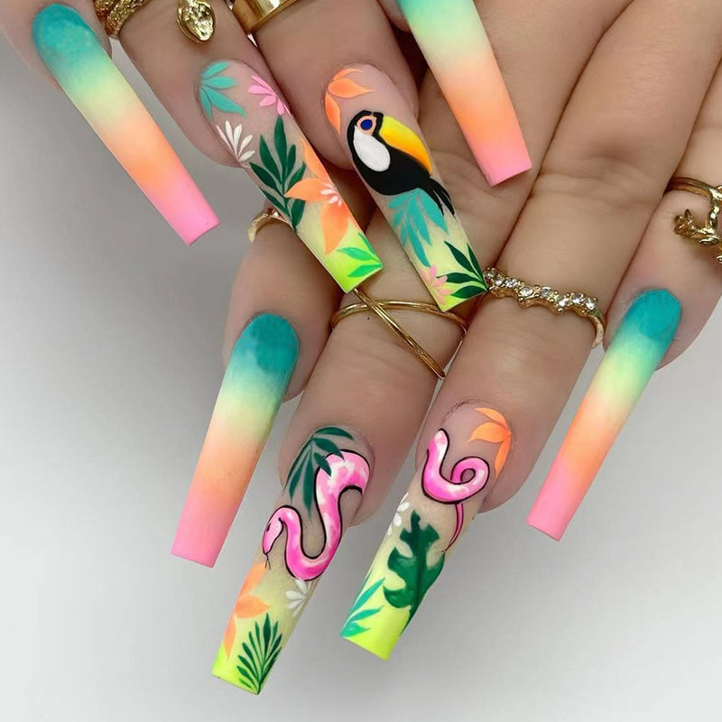 Long Coffin Parrot and Snake Animal Print  Nails