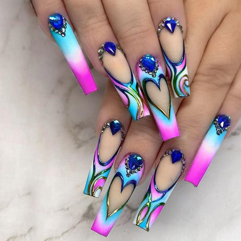Luxury Press On Nails Extra Long Coffin Crystal Diamond 3d Fake Nails With  Rhinestones Ombre Bling False Nail Art - AliExpress