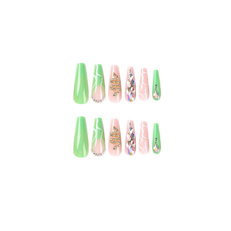 Long Coffin Green-White Line Snake Rhinestone Nails