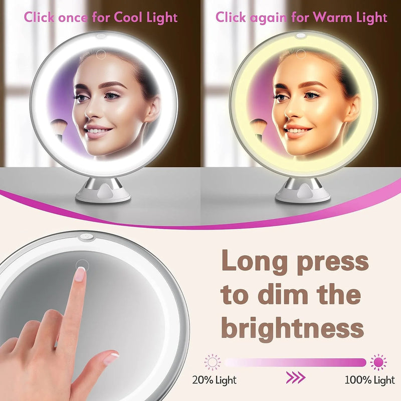 10x Magnifying Lighted Makeup Mirror with Touch Control, Powerful Locking Suction Cup, and 360 Degree Rotating, Magnifying Mirror with Lights for Home, Bathroom Vanity and Travel