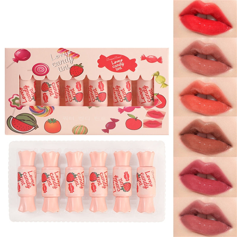 6pcs pink candy set moisturizing lip glaze set not easy to fall off color lip dye mirror
