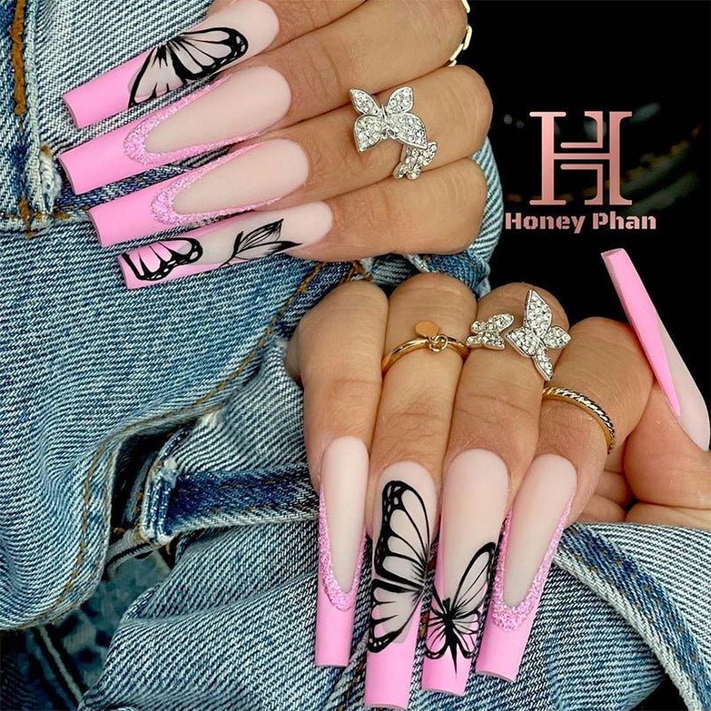 Coffin matte pink french with black butterfly