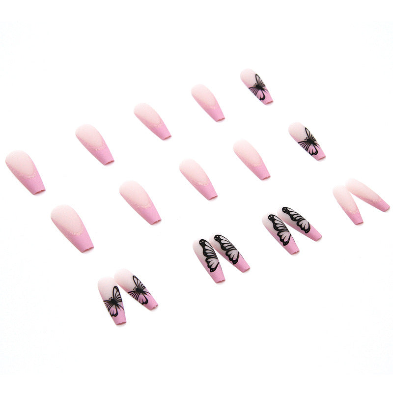 Pink French Butterfly Tip Coffin Faux Nail Set - 24 Pack