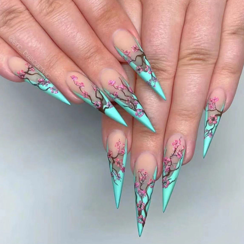 Stiletto mint V french with flowers matte
