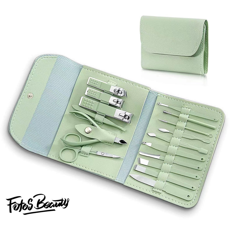 Fofosbeauty16 pcs Nail Care Tools with Luxurious Leather Travel Case (Green) Gift for her