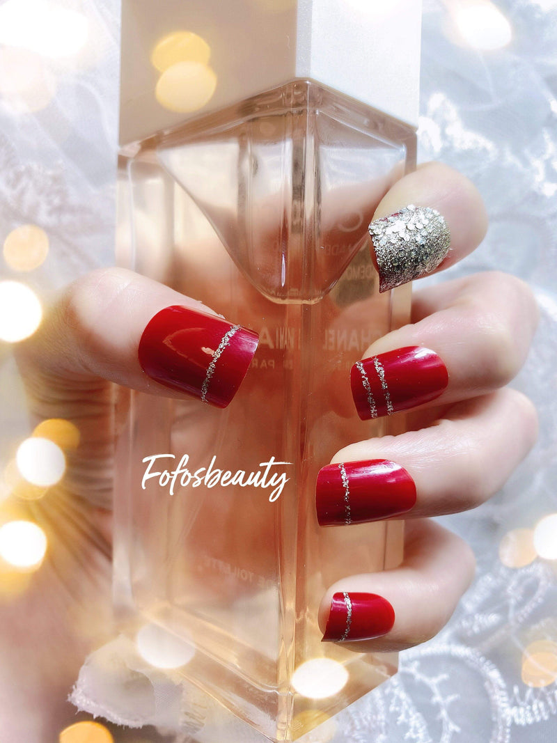 Fofosbeauty Short Square Fake Nails, Press-on, French Red 