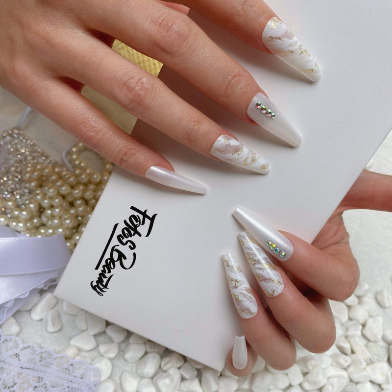 Pearl White Nails With Rhinestones | White chrome nails, Chrome nails, White  acrylic nails