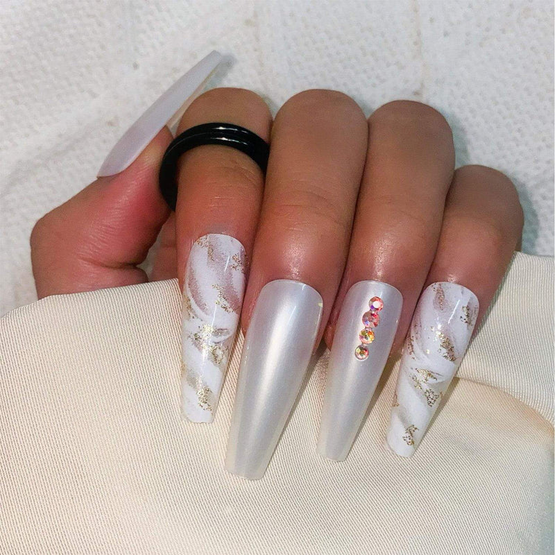 Amazon.com: RikView Press on Nails Long French Tip Nails White Coffin Fake  Nails with Rhinestones Glossy Nails for Women : Beauty & Personal Care